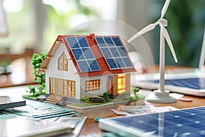 A model house surrounded by wind turbines and solar panels on the desk