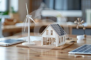 A model house surrounded by wind turbines and solar panels on the desk