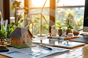 A model house surrounded by wind turbines and solar panels on the desk