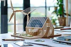 A model house surrounded by wind turbines and solar panels on the desk