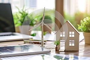 A model house surrounded by wind turbines and solar panels on the desk