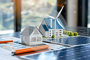 A model house surrounded by wind turbines and solar panels on the desk