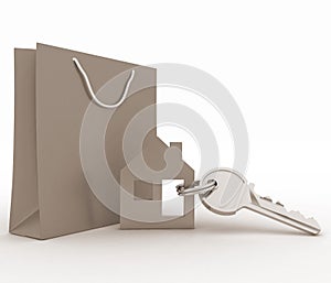 Model house symbol set with key and paper shopping bag