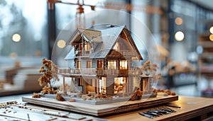 A model of a house is on a table with a crane in the background by AI generated image