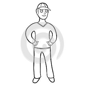 Model of a human male in a cap, hands on the belt. vector illustration