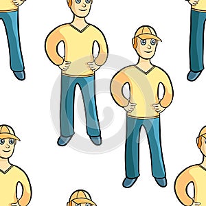 Model of a human male in a cap, hands on the belt. vector illustration
