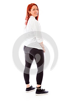 Model isolated on plain background back turning