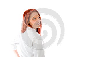 Model isolated on plain background back turning