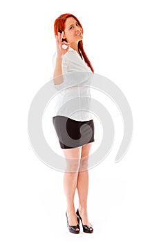 Model isolated on plain background hand gesture ok