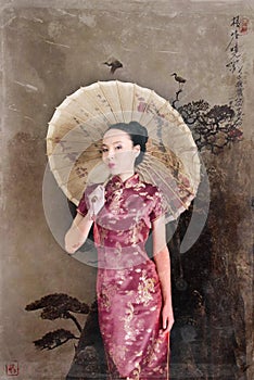 Model Japanese red dress stands with an umbrella. Geisha