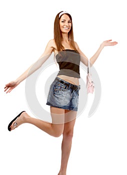 Model in jeans skirt