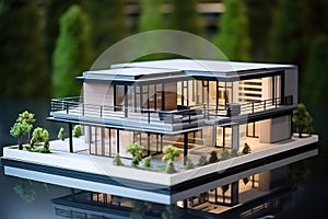 Model of a large independent two-story house with large windows and trees around it made by an architecture studio placed on a