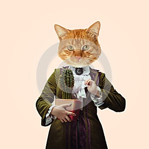 Model like medieval royalty person in vintage clothing headed by cat head. Concept of comparison of eras, artwork