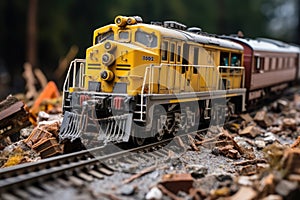 Model of a locomotive on a background of debris. Toy train, serious rail accident, AI Generated