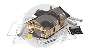 The model of a log house on the background drawings with drawing instruments