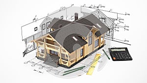 The model of a log house on the background drawings with drawing instruments
