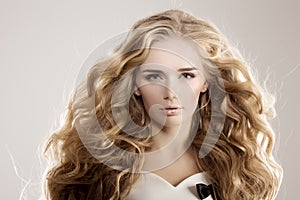 Model with long hair Blonde Waves Curls Hairstyle Hair Salon Updo Fashion model with shiny hair Woman with healthy hair girl with