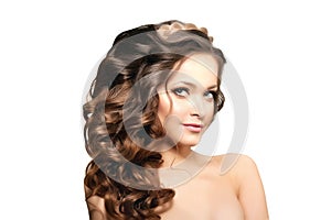 Model with long hair. Waves Curls Hairstyle. Hair Salon. Updo. F