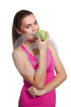 Model looking woman eating an apple