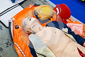 model man stretcher. first aid for injuries concept.