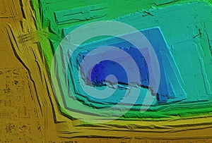 Model of a mine elevation. GIS product made after processing aerial pictures taken from a drone. It shows excavation site with ste