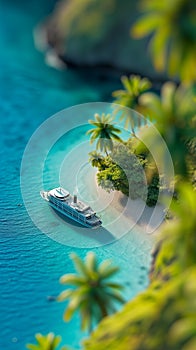 Model Mock Up Miniature of Tropical Island Paradise With Cruise With Tilt-Shift Photography Effect. AI Generated
