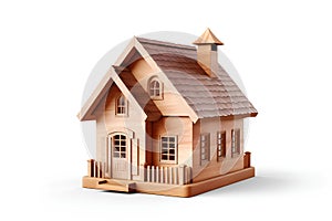 Model of a modern cottage, close-up. Dream house, wooden mockup on a white background. Concept: real estate investment, mortgage