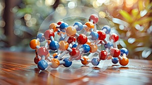 A model of a molecule is displayed on a wooden table.