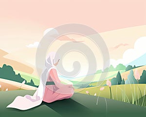 A model Muslimah woman in hijab reclines in a picturesque field her hijab and courses her source of strength and success