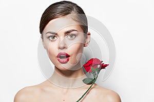 Model naked shoulders Red lips charm rose luxury clear skin