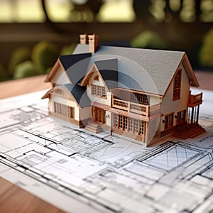 Model of new house with black tiled pitched roof on architecture blueprint plan close up. Created with generative Ai