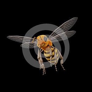 Model for one bee isolated from black background 3D cartoon character for bee with facial and body hair along with yellow and