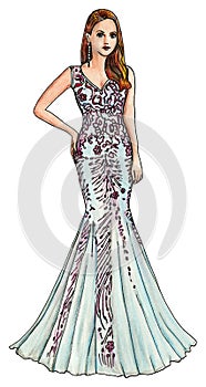 Model in a Pale Blue and Garnet Dress Fashion Illustration