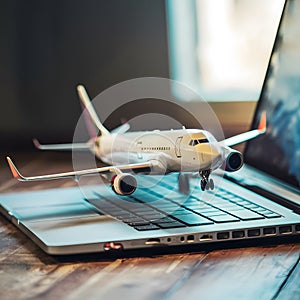 Model plane on laptop signifies digital exploration and travel planning