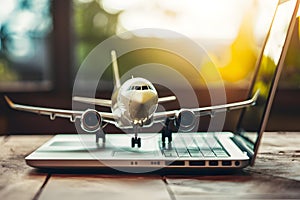 Model plane on laptop signifies digital exploration and travel planning