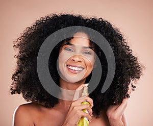 Model, portrait or afro hair product on isolated studio background in frizz control, curly management or oil treatment