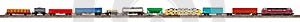 Model railway freight train with colorful wagon isolated white wide panorama background.  railroad hobby transportation logistic