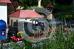 Model railway station with train in MiniSlovakia Park in Liptovsky Jan.