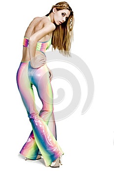 Model in rainbow pants.