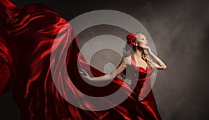 Model in Red Dress, Glamour Woman Posing Flying Silk Cloth