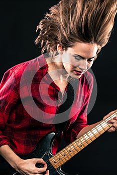 Model Red Flannel Shirt Crazy Hair Guitar