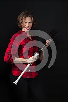 Model Red Flannel Shirt Scowling with Bat photo