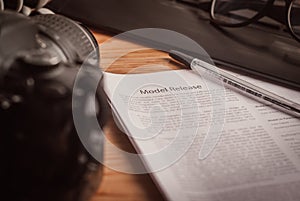 Model release document on the table close up,