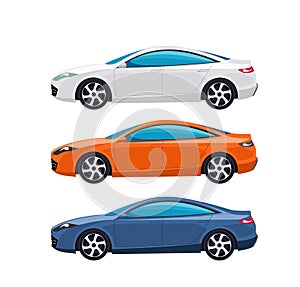 Model rwhite, orange and blue of profile cars. Super modern cars sports photo