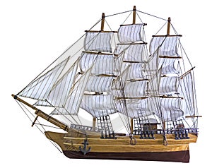 Model sailing ship isolated on white background