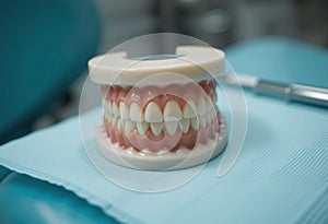 A model of a set of teeth is on a blue table