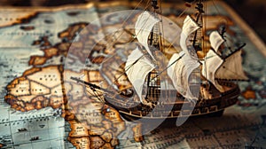 The model ship on aged map..AI generated image