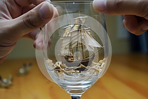 model ship with detailed sails inside a wine glass, hands setting it adrift