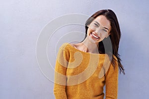 Model, smile and mockup with fashion, trendy and proud with sweater for comfort. Woman, happy and positive with natural