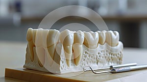 A model of a tooth with dentures on top and the dentist's tools, AI